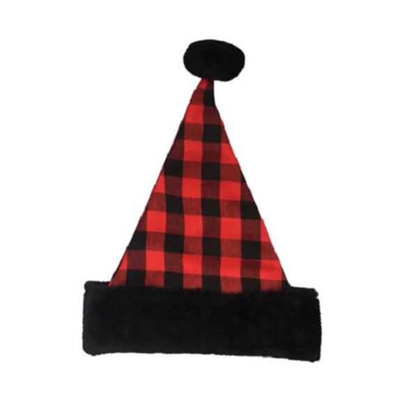 Christmas Santa Hat Small Red and Black Checkered 17″ Tall by Merry Brite - Picture 1 of 1